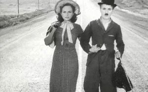 Charlie Chaplin and Paulette Goddard in the final scene of Modern Times